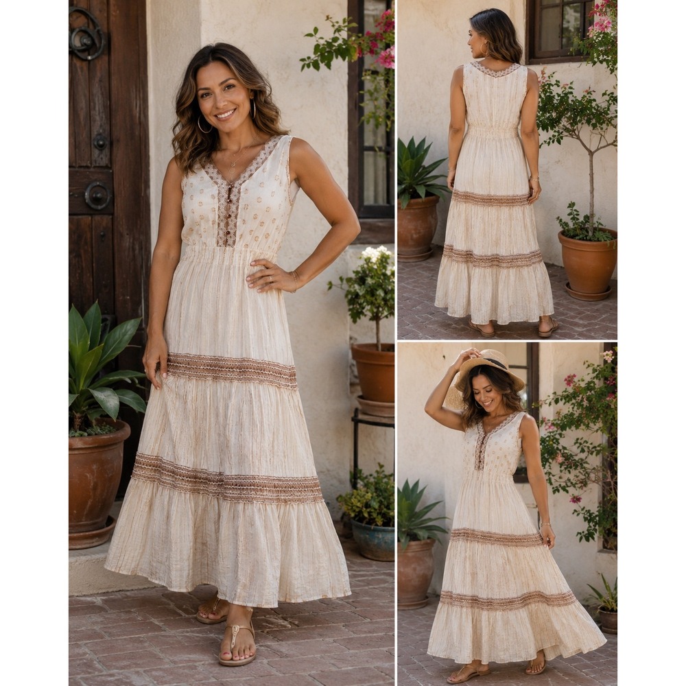 NAOO Nation AK Outfits Sleeveless Cotton Maxi Dress Cream Gold Small
